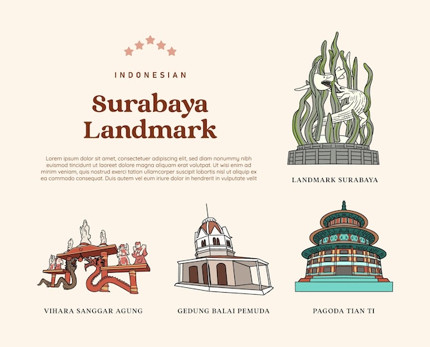 Isolated Indonesian Surabaya landmark and culture illustration