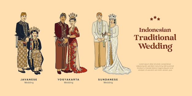 Isolated Indonesian Traditional Wedding Hand Drawn Illustration in Yogyakarta Sunda and Java