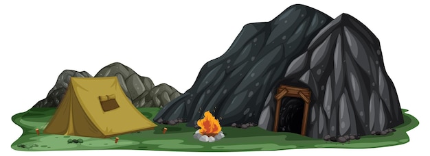 Isolated landscape with stone cave and camping tent