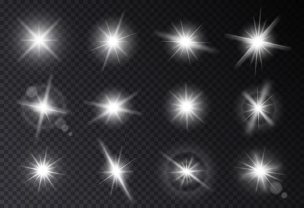 Isolated light white stars Star glow abstract shiny lighting sparkle Glitter beams burst with rays Disco energy glare effect exact vector set