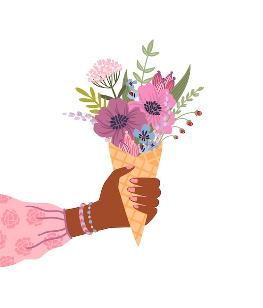 Isolated llustration bouquet of flowers in female hand Vector design concept for holyday and other