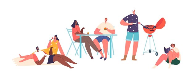 Isolated Male And Female Characters Relax On Weekend Friends Enjoying Barbecue Woman Reading Book Loving Couple Rest Lounging On Cozy Blanket Cartoon People Relaxing Vector Illustration