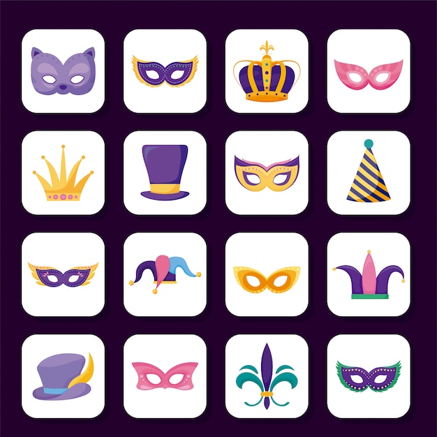 Isolated mardi gras carnival icon set inside frames