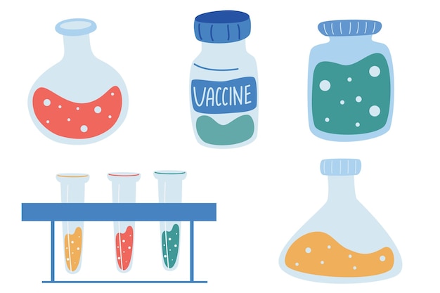 Isolated medical elements : vaccine, syringe, glass flasks, medicines. Testing of vaccine of coronavirus. Laboratory tools vaccine research.  Vector medical illustration.