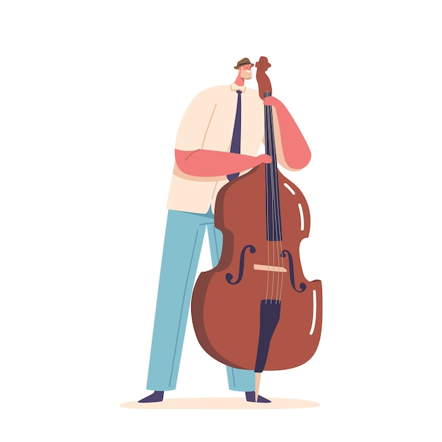 Isolated Musician Male Character Playing Contrabass Or Cello String Instrument Perform On Stage With Music Concert