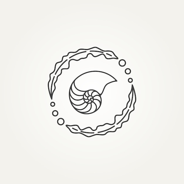 isolated nautilus seashell and seaweed circle minimalist line art badge logo icon template vector