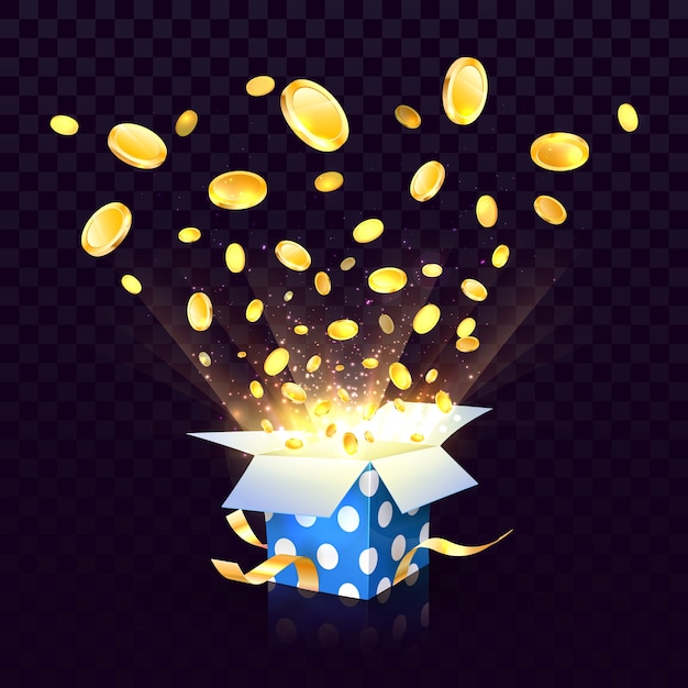 Isolated open textured gift box with coins explosion out on the transparent background