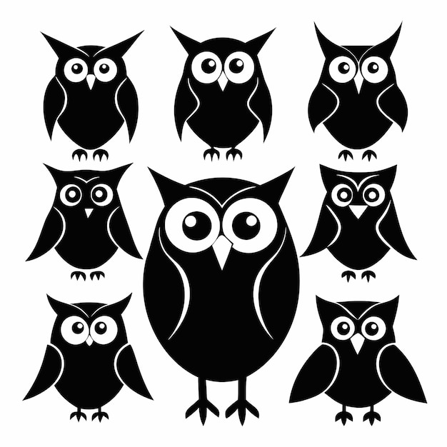 Vector isolated owl silhouettes in various poses