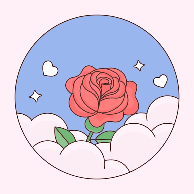 Isolated Red Rose Flower Bud With Flying Hearts And Clouds In Blue Circle Background