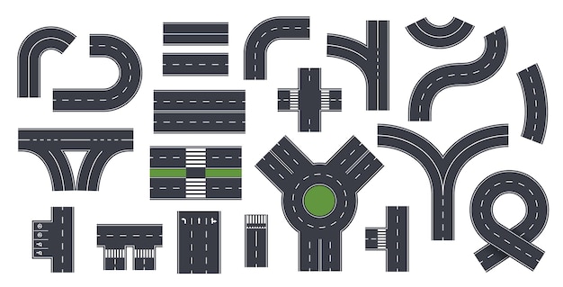 Isolated roads elements Highway lane asphalt road with crosswalk Roadside top view city map way with turns and circles exact vector set