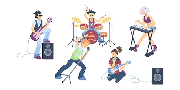 Isolated rock band on white background. Drums and guitar, vocal and piano. Cool singers and musicians.