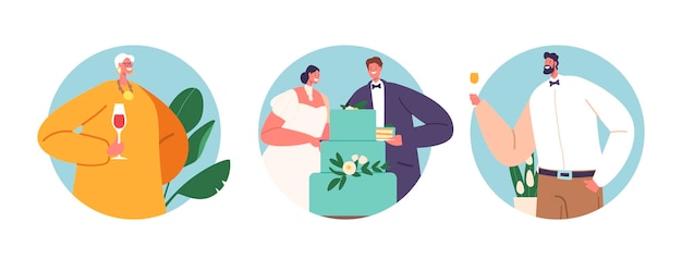 Isolated Round Icons with Wedding Characters Bride And Groom Cut Their Cake Together Symbolizing Their Unity