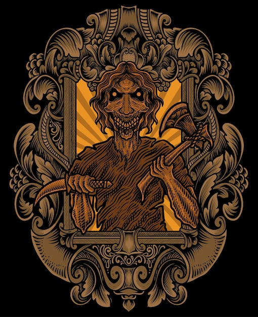 Isolated scary zombie with engraving ornament frame