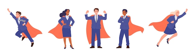 Vector isolated set of business people superhero cartoon characters wearing red capes costume on white background man and woman hero super manager and entrepreneur in various poses vector illustration