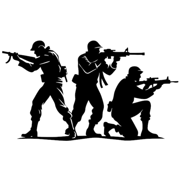 Vector isolated soldiers shooting vector black silhouette on white background