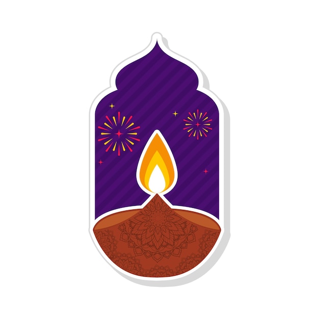 Isolated Sticker Of Burning Floral Diya (Oil Lamp) Against Bursting Firework Purple Doorway Background.