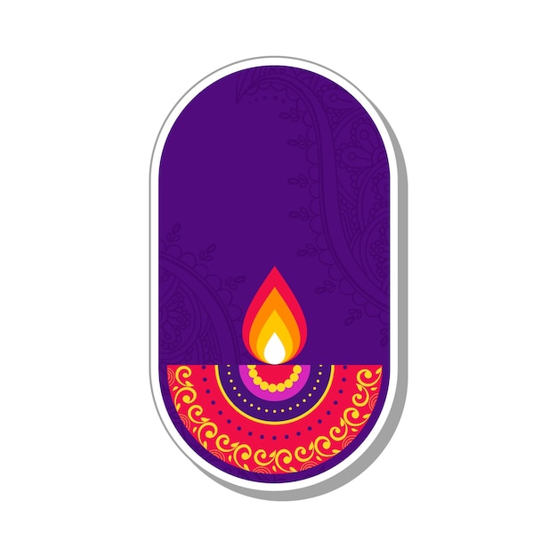 Isolated Sticker Of Colorful Floral DiyaOil Lamp Burning On Oval Purple Background