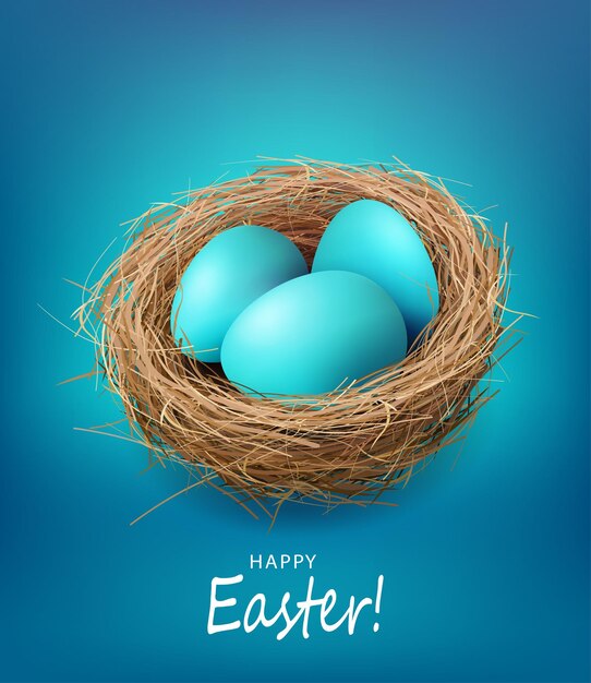 Vector isolated straw nest with easter eggs blue postcard