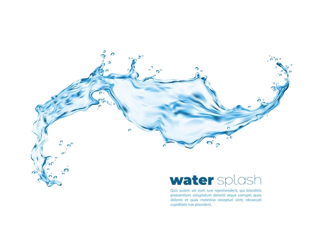 Isolated transparent water splash swirl with pouring wave, vector realistic background. Water pour with splashing drops, liquid blue clear aqua with water droplets of clean drink and flowing spill