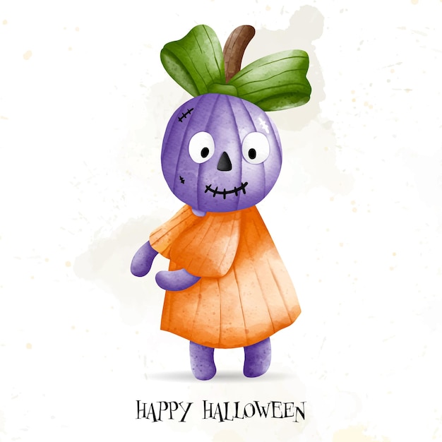 Isolated vector cartoon of Kid in Halloween pumpkin costume Happy Halloween watercolor vector illustrationxDxA