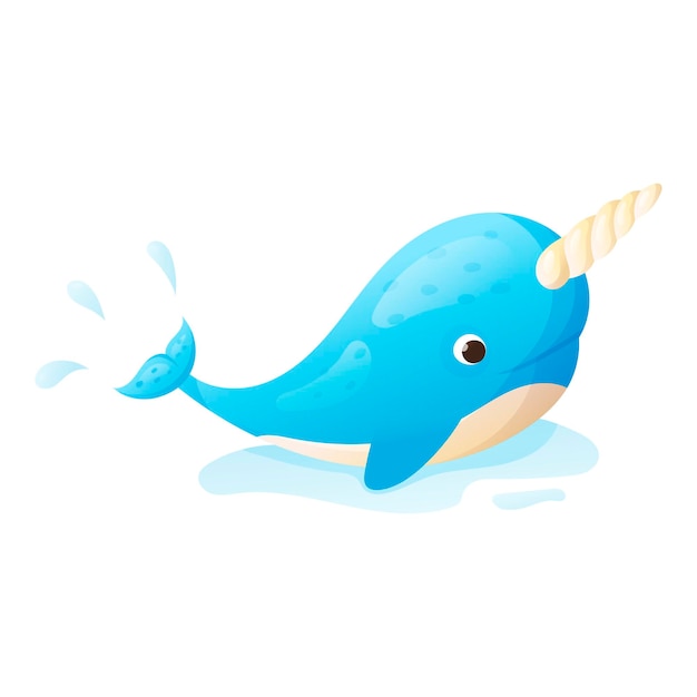 Isolated vector illustration of a cute cartoon baby narwhal with a horn splashing in a puddle of water