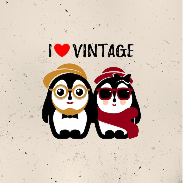 Isolated vector penguin couple logo Winter vintage illustratio