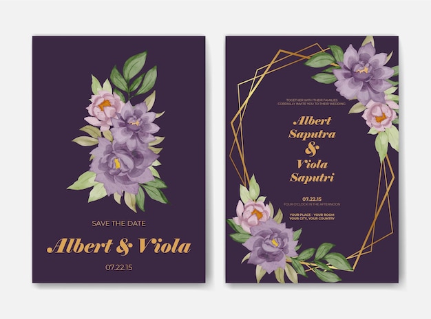 Isolated wedding invitation template with purple rose flower watercolor