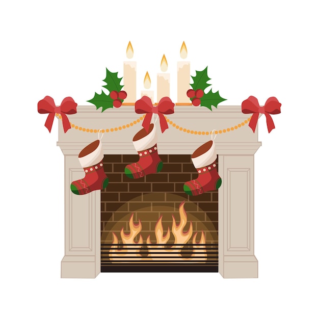 Isolated on white Christmas fireplace with socks and candles