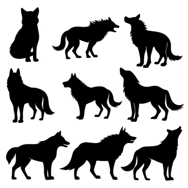 Vector isolated wolf silhouettes in various poses