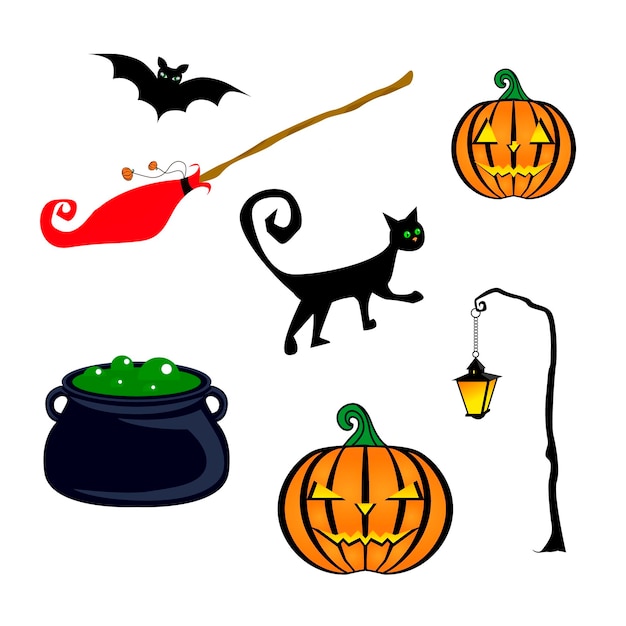 Isolates for Halloween Red witch broom black pot with green liquid and bubbles a black cat walking a lantern on a stick curve a bat two pumpkins Vector illustration EPS8