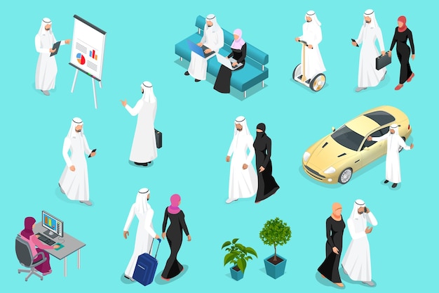 Isometirc Saudi Businessmens Arab man and woman character set Muslim businessman with gadgets isolated vector illustration