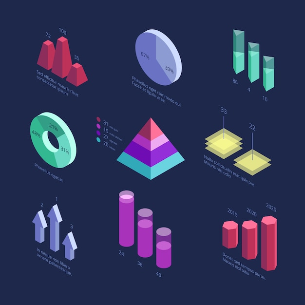 Vector isometric 3d business statistics data charts, percentage diagram, financial growth graphics