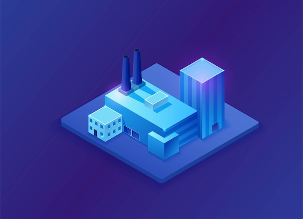 Isometric 3d factory, blue neon glowing plant