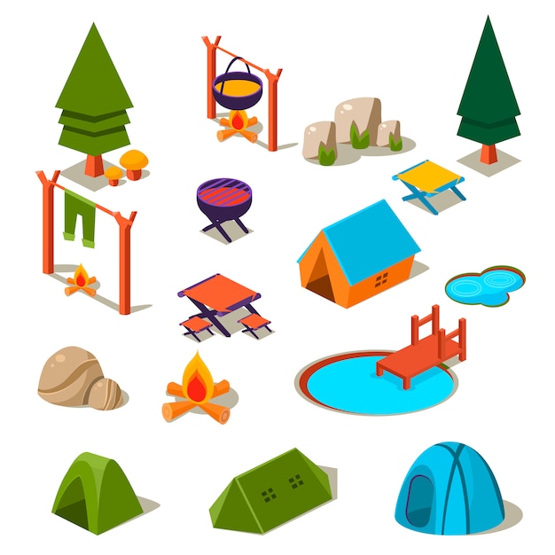 Isometric 3d forest camping elements for landscape set