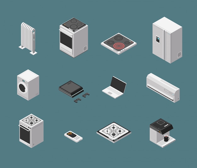 Isometric 3d household kitchen appliance and electrical equipment isolated vector set