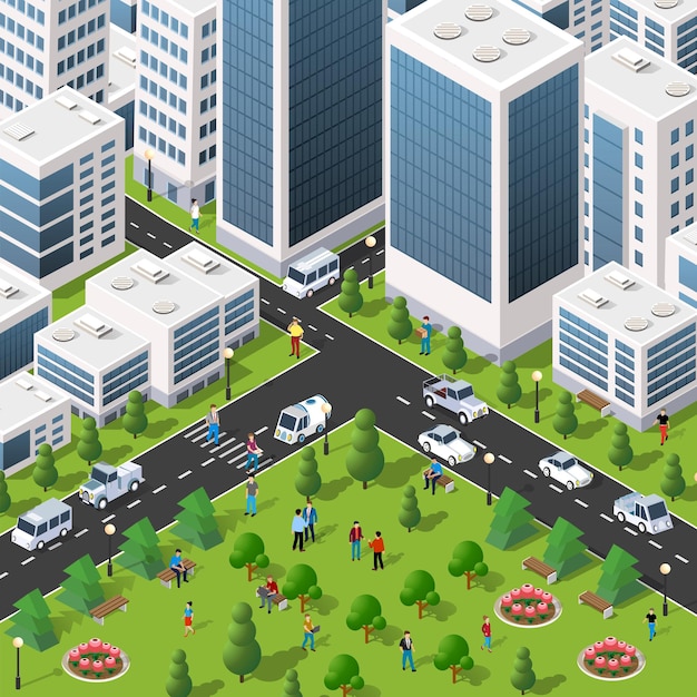 Isometric 3D illustration of the city quarter with houses