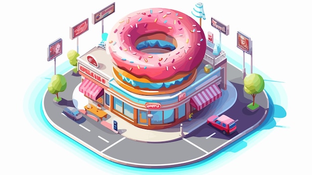 Vector isometric 3d illustration of donut shop in city