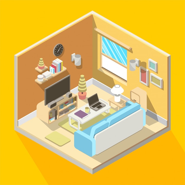 Isometric 3D illustration of living room interior