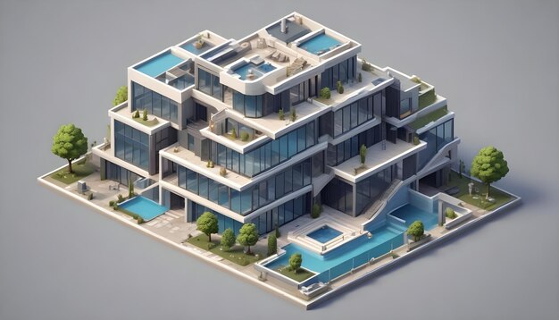 Vector isometric 3d illustration of a modern multilevel house with multiple swimming pools balconies and lush greenery the house has a unique angular design