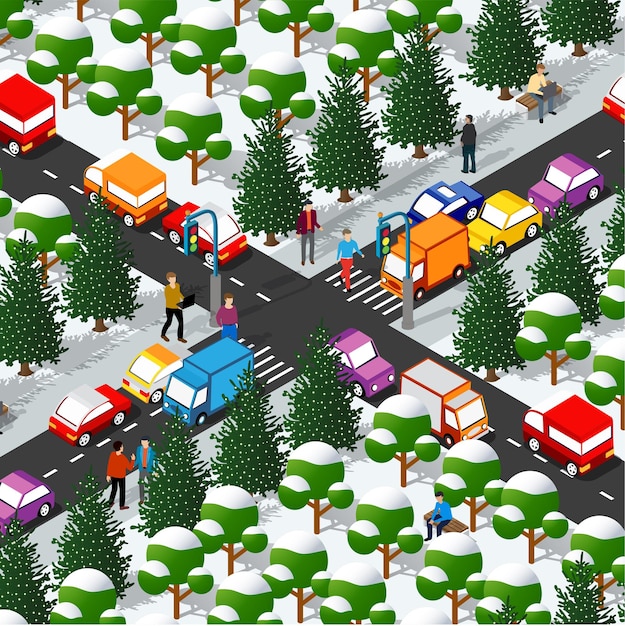 An isometric 3D illustration of a winter city comprising cars