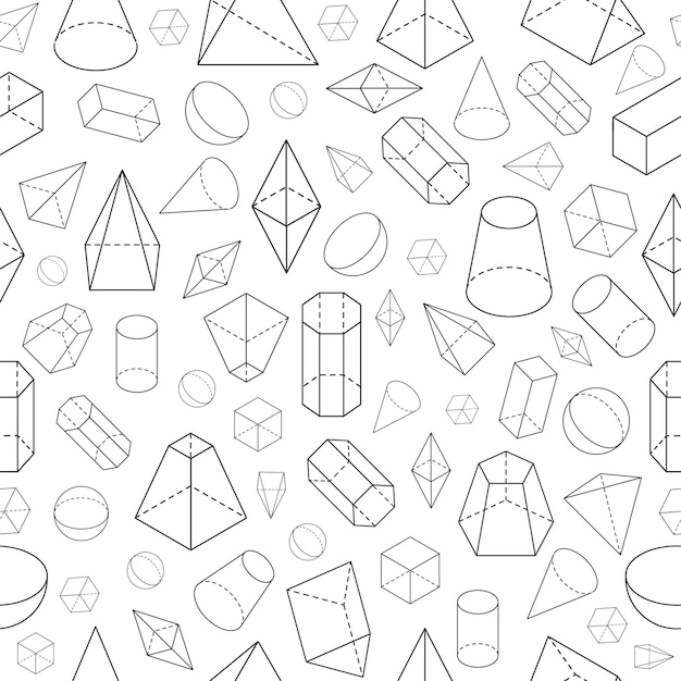 Isometric 3d shapes seamless pattern geometric math wireframe objects pyramid prism sphere cone cube