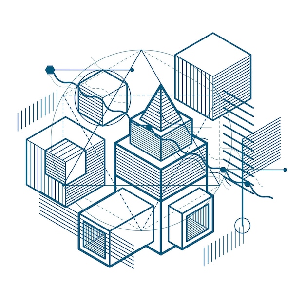 Isometric abstract background with linear dimensional shapes, vector 3d mesh elements. Composition of cubes, hexagons, squares, rectangles and different abstract elements.