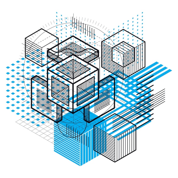 Isometric abstract background with lines and other different elements, vector abstract template. Composition of cubes, hexagons, squares, rectangles and different abstract elements.