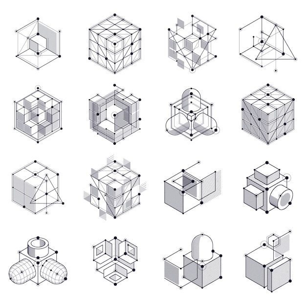 Isometric abstract black and white backgrounds set with linear dimensional cube shapes, vector 3d mesh elements. Layout of cubes, hexagons, squares, rectangles and different abstract elements.