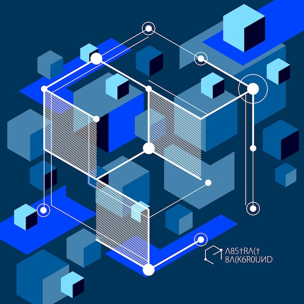 Isometric abstract dark blue background with linear dimensional cube shapes, vector 3d mesh elements. Layout of cubes, hexagons, squares, rectangles and different abstract elements.