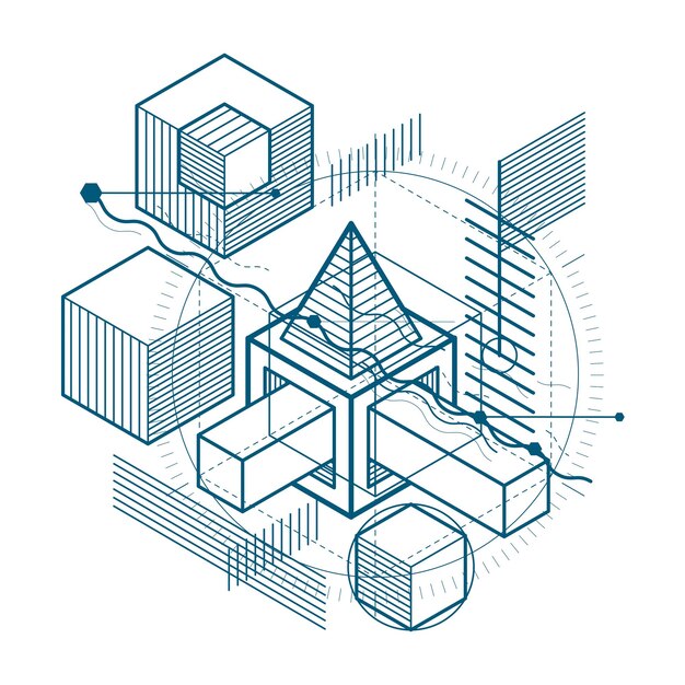 Isometric abstraction with lines and different elements, vector abstract background. Composition of cubes, hexagons, squares, rectangles and different abstract elements.