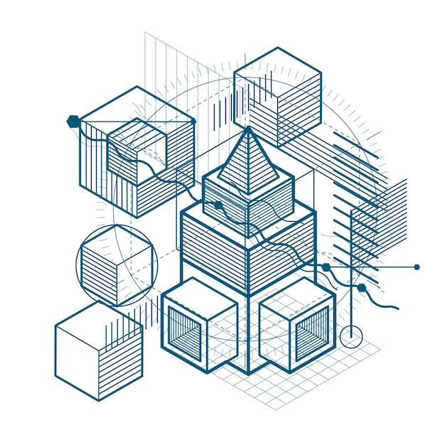 Isometric abstraction with lines and different elements, vector abstract background. Composition of cubes, hexagons, squares, rectangles and different abstract elements.