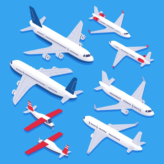 Isometric airplanes. Passenger jet airplane, private aircraft and airline plane. Aviation planes 3d isolated   set