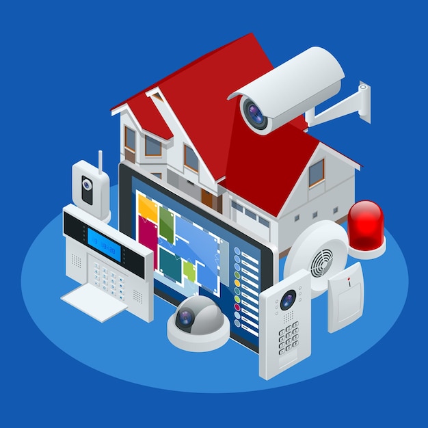 Vector isometric alarm system home. home security. security alarm keypad with person arming the system. access, alarm zones, security system panel vector illustration