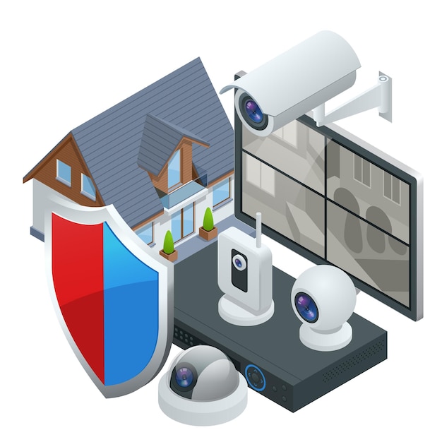 Vector isometric alarm system home. home security. security alarm keypad with person arming the system. access, alarm zones, security system panel vector illustration